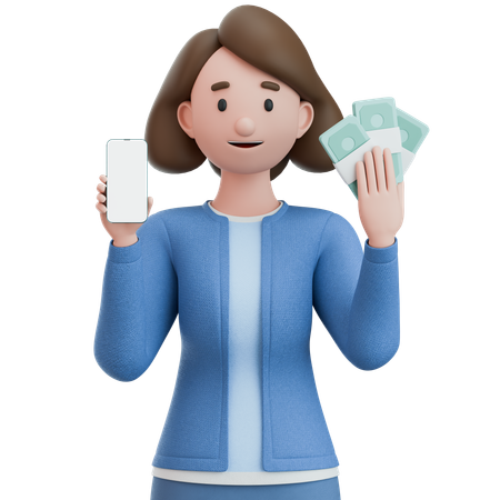 Woman Holding Smart Phone And Bunch Of Cash  3D Icon