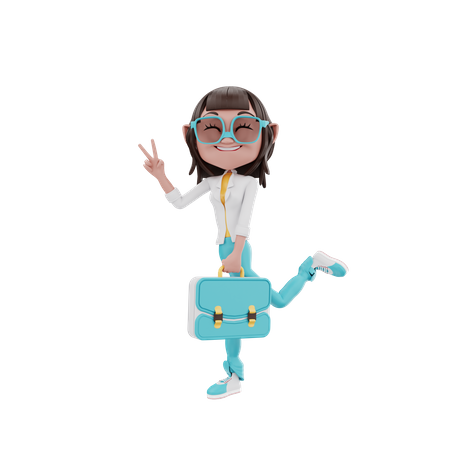 Woman holding suitcase in peace style  3D Illustration