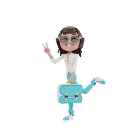 Woman holding suitcase in peace style  3D Illustration