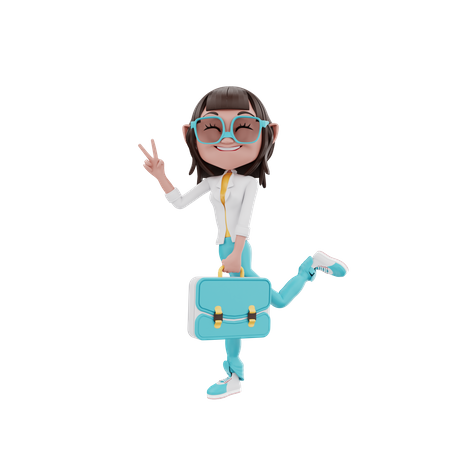 Woman holding suitcase in peace style 3D Illustration