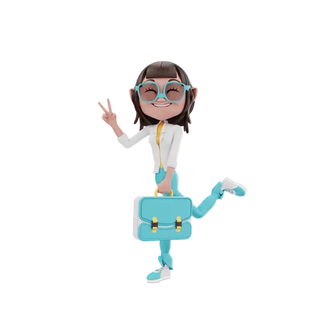 Woman holding suitcase in peace style 3D Illustration