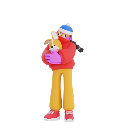 Woman hugging pet  3D Illustration