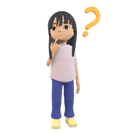 3 D Woman Character Posing Confused With Index Finger Holding Chin 3D Illustration
