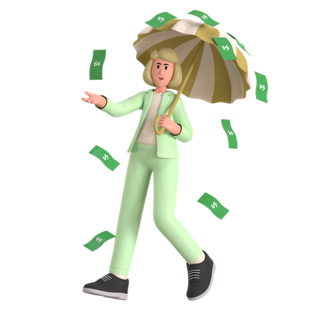 Woman In Money Rain  3D Illustration