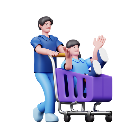 Woman In Shopping Trolly While Man Pushing Shopping Trolley  3D Illustration