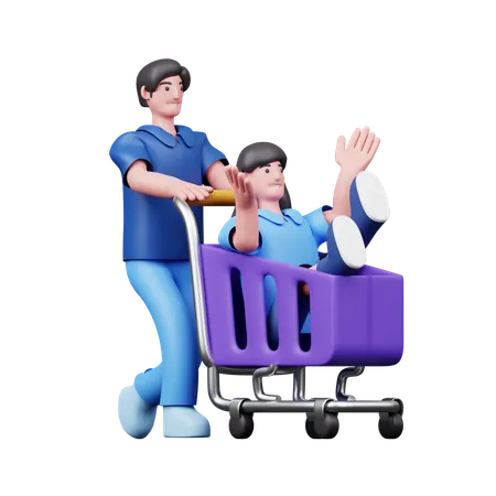 Woman In Shopping Trolly While Man Pushing Shopping Trolley  3D Illustration