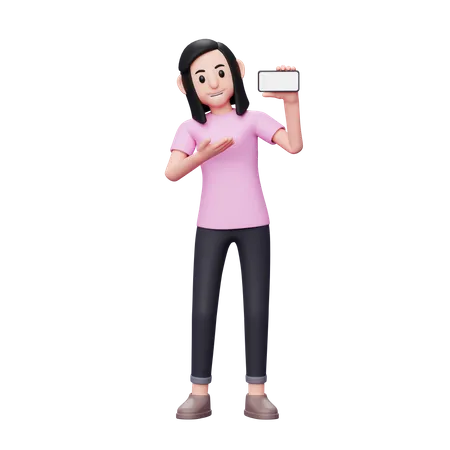 Woman introducing something on phone screen  3D Illustration