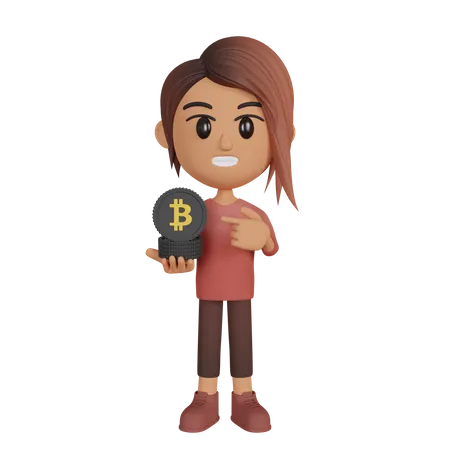Woman Showing Bitcoins  3D Illustration