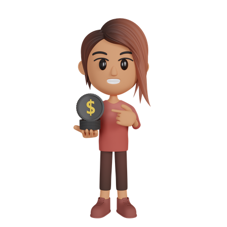 Woman Showing Dollar Coins 3D Illustration