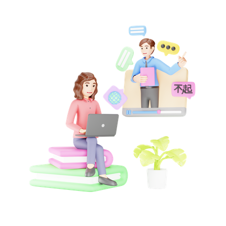 Woman is learning foreign language from online tutor  3D Illustration