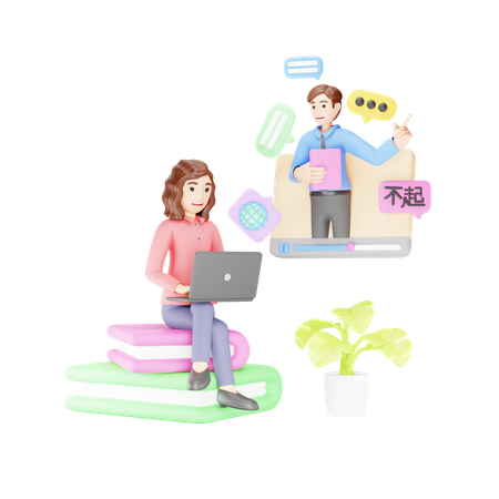 Woman is learning foreign language from online tutor  3D Icon