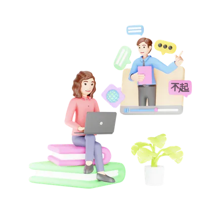 Woman is learning foreign language from online tutor  3D Illustration