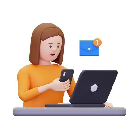 3 D Woman Is Viewing An Incoming Email Notification Via Her Smartphone Illustration 3D Illustration
