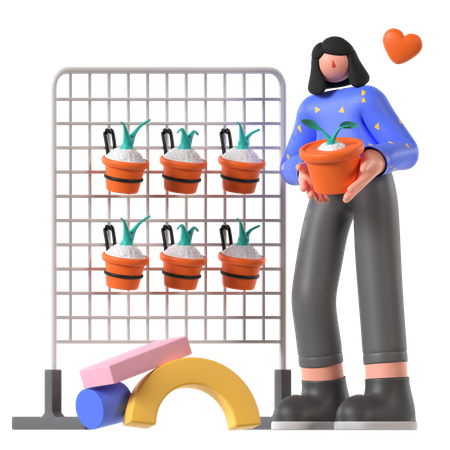 Woman keeps flower pots in Vertical Garden  3D Icon