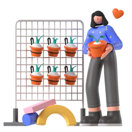 Woman keeps flower pots in Vertical Garden  3D Illustration