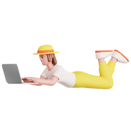 Woman Laying and Using Laptop  3D Illustration