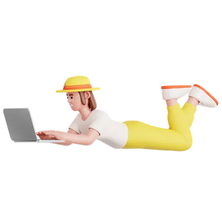 Woman Laying and Using Laptop  3D Illustration