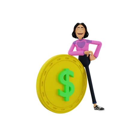 Woman leaning on dollar coin  3D Illustration