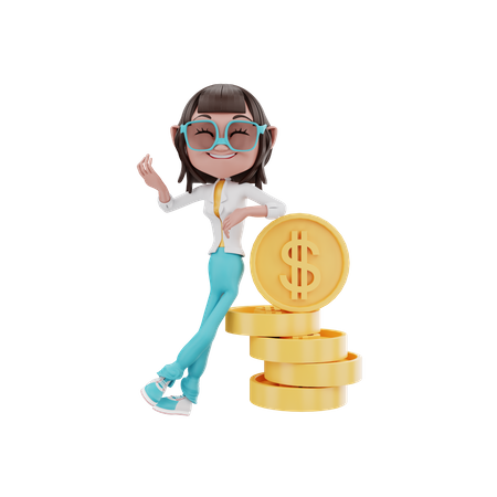 Woman leaning on money 3D Illustration