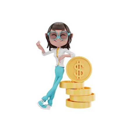 Woman leaning on money  3D Illustration
