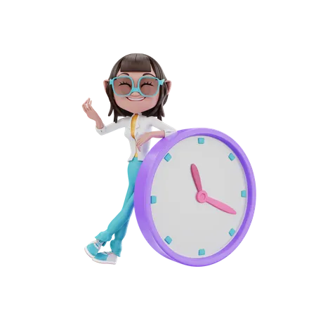 Woman leaning on the clock  3D Illustration