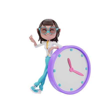 Woman leaning on the clock 3D Illustration
