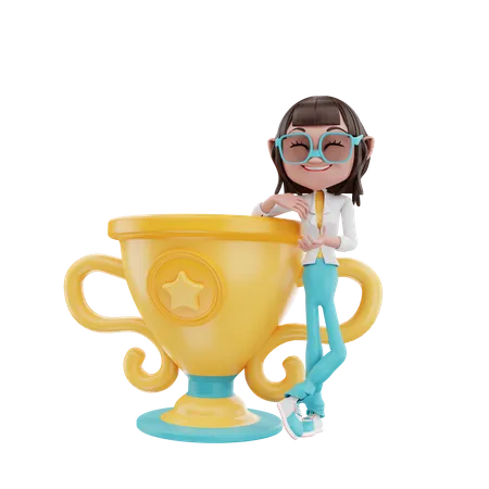 Woman leaning on the trophy  3D Illustration