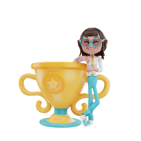Woman leaning on the trophy 3D Illustration