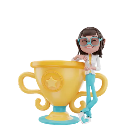 Woman leaning on the trophy 3D Illustration