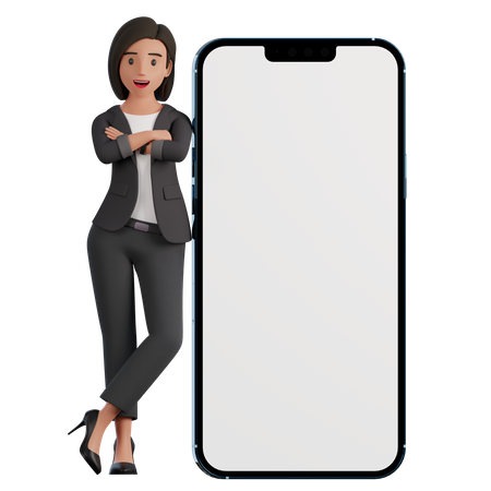 Woman leans on phone  3D Illustration