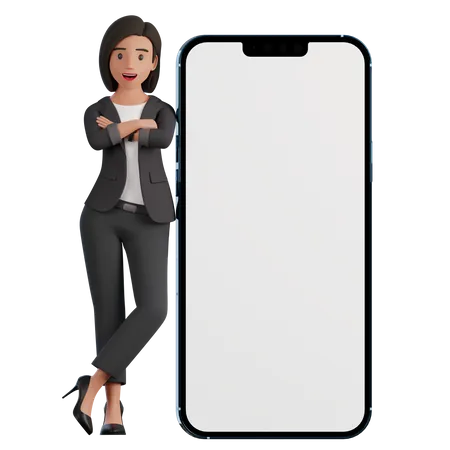 3 D Character Businesswoman In A Costume Leans On The Phone 3D Illustration