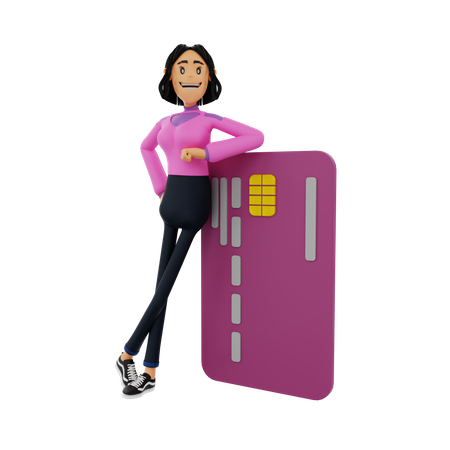 Woman learning on bank card  3D Illustration