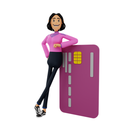 Woman learning on bank card 3D Illustration
