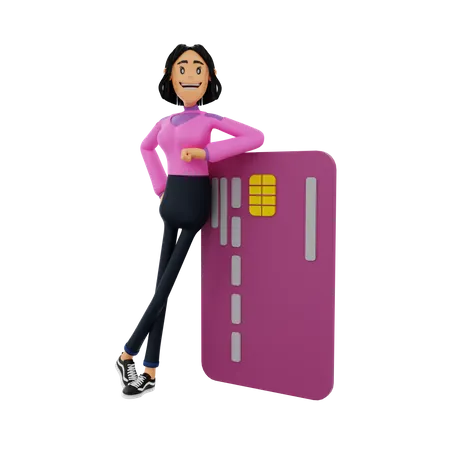 Woman learning on bank card 3D Illustration