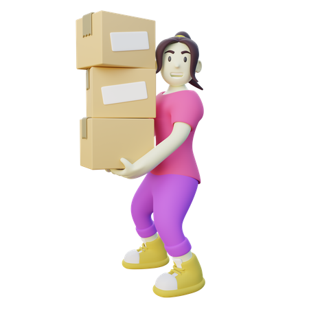 Woman Lift Stack of Box  3D Icon