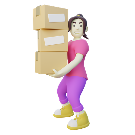 Woman Lift Stack of Box  3D Illustration