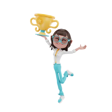 Woman lift the trophy  3D Illustration