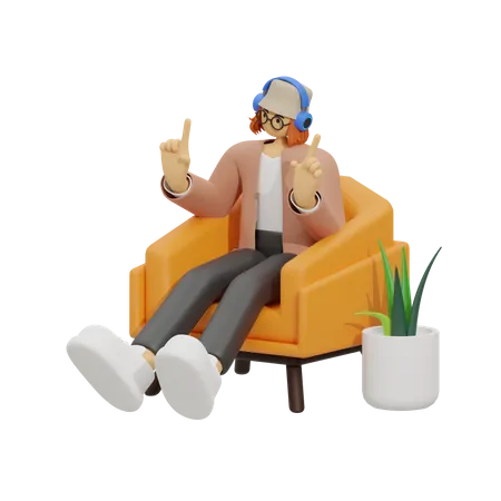 Woman listening song on sofa  3D Illustration