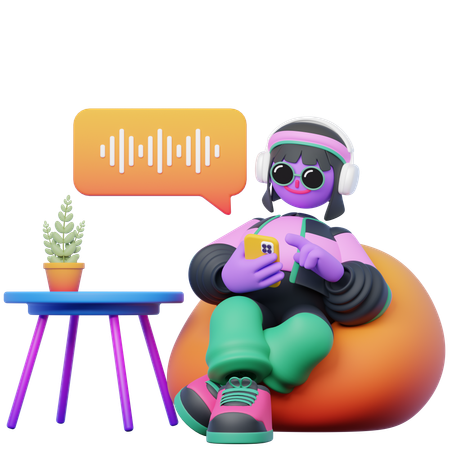 Woman Listening to Podcast while Sitting on Beanbag  3D Illustration