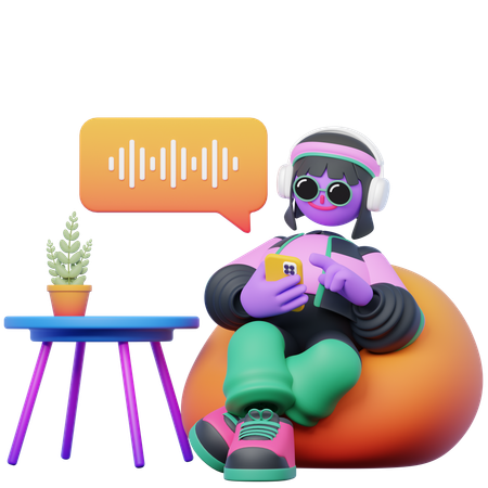 Woman Listening to Podcast while Sitting on Beanbag  3D Illustration