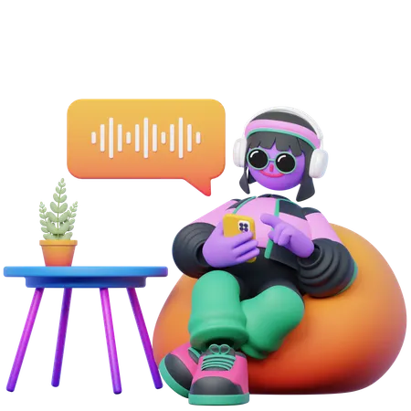 Woman Listening to Podcast while Sitting on Beanbag  3D Illustration