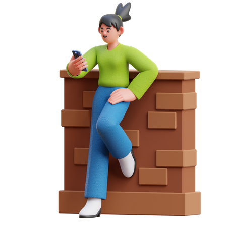 Woman Look At Smartphone Leaning On The Wall  3D Illustration