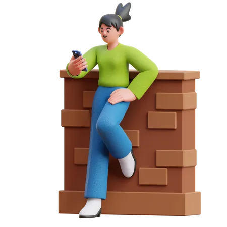 Woman Look At Smartphone Leaning On The Wall  3D Illustration