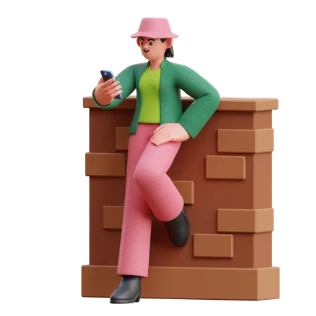 Woman Look At Smartphone Leaning On The Wall 3D Illustration