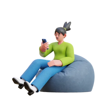 Woman Look At Smartphone Sitting On Bean Bag  3D Illustration