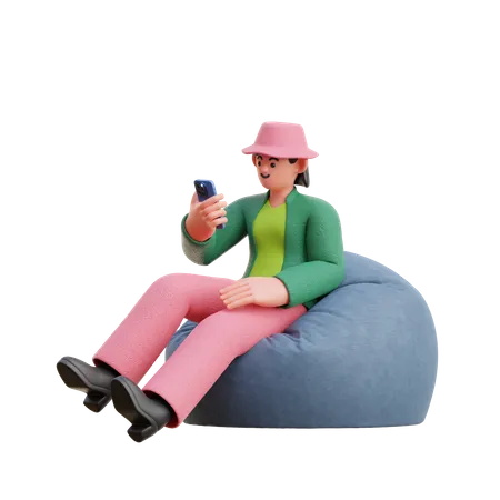 Woman Look At Smartphone Sitting On Bean Bag 3D Illustration