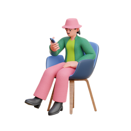Woman Look At Smartphone Sitting On Chair 3D Illustration