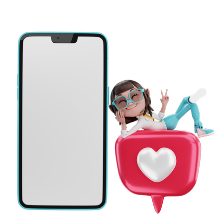 Woman lying on love with cellphone  3D Icon