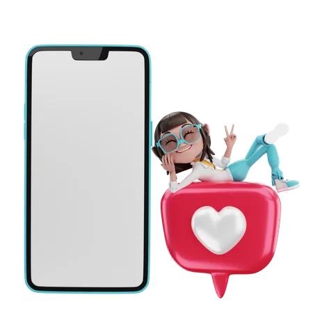 Woman lying on love with cellphone  3D Illustration