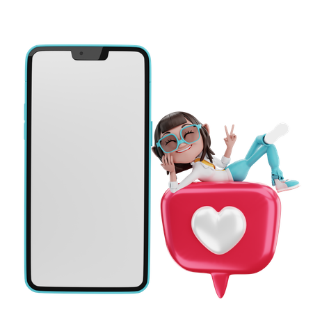 Woman lying on love with cellphone 3D Illustration